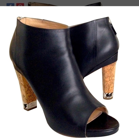 CHANEL Shoes - CHANEL OpenToe Black Leather Ankle Boots Mark Chain Cork Heel CC Size 38